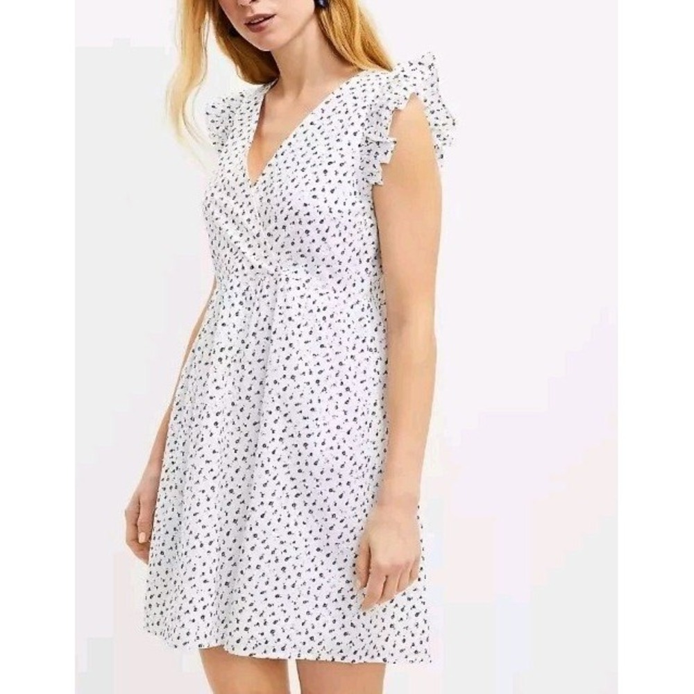 LOFT White Floral Cotton Babydoll Mini Dress‎ Ruffle Sleeve V-Neck Size 12